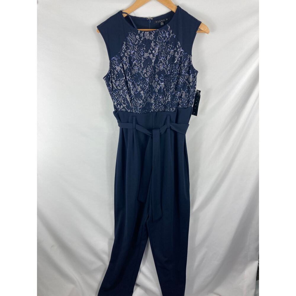 NWT Tiana B Sparkle Top Blue Sleeveless Jumpsuit Tie Waist Size 12